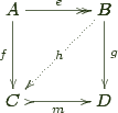 \bfig \square/>>`>`>` >->/[A`B`C`D;e`f`g`m] \morphism(500,500)|m|/.>/< -500,-500>[B`C;h] \efig 