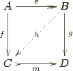 \bfig \square/>>`>`>` >->/[A`B`C`D;e`f`g`m] \morphism(500,500)|m|/.>/<-500,-500>[B`C;h] \efig 
