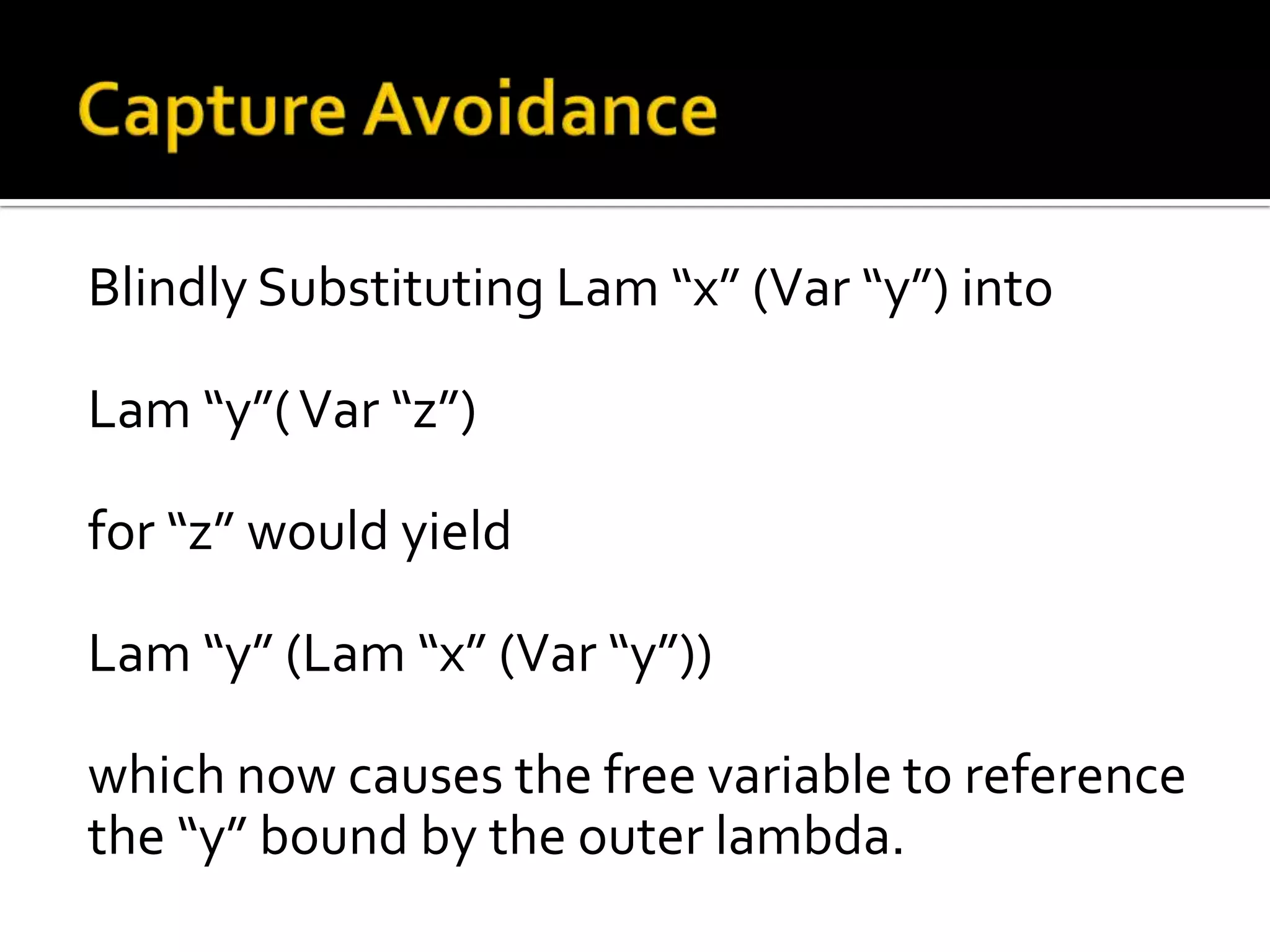 Blindly Substituting Lam “x” (Var “y”) into

Lam “y”( Var “z”)

for “z” would yield

Lam “y” (Lam “x” (Var “y”))

which now causes the free variable to reference
the “y” bound by the outer lambda.